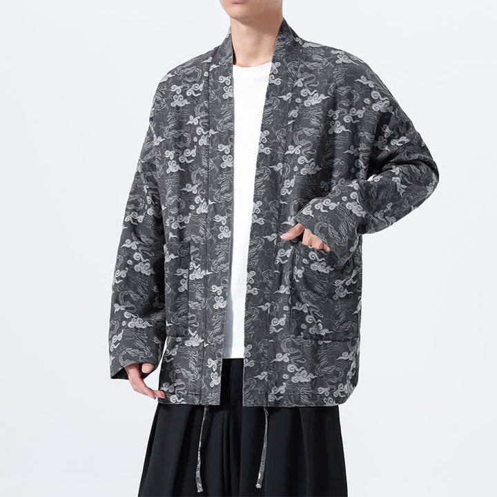 Buddha Stones Kimono de algodón para hombre, estilo casual, con cordón ajustable y estampado abstracto de nubes, ideal para primavera y otoño. - image 23