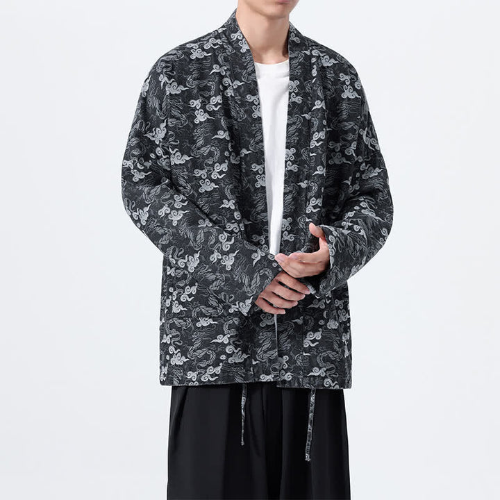 Buddha Stones Kimono de algodón para hombre, estilo casual, con cordón ajustable y estampado abstracto de nubes, ideal para primavera y otoño. - image 14