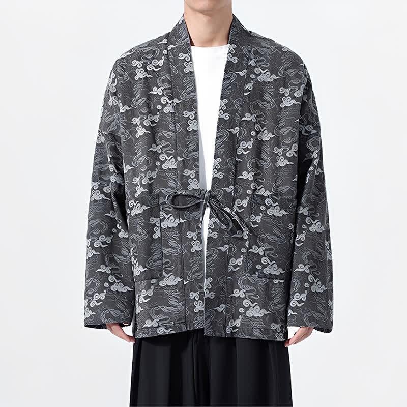 Buddha Stones Kimono de algodón para hombre, estilo casual, con cordón ajustable y estampado abstracto de nubes, ideal para primavera y otoño. - image 27