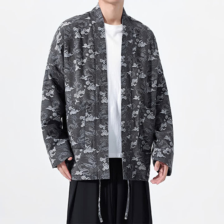 Buddha Stones Kimono de algodón para hombre, estilo casual, con cordón ajustable y estampado abstracto de nubes, ideal para primavera y otoño. - image 22