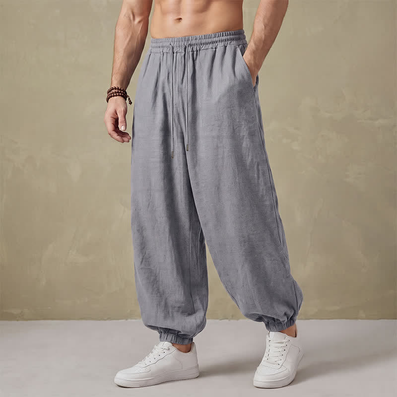 Buddha Stones Pantalones largos básicos retro de primavera con cordón ajustable, color liso, estilo harem para hombre, con bolsillos. - Gris claro - US/UK/AU42, EU52 (3XL) - image 10
