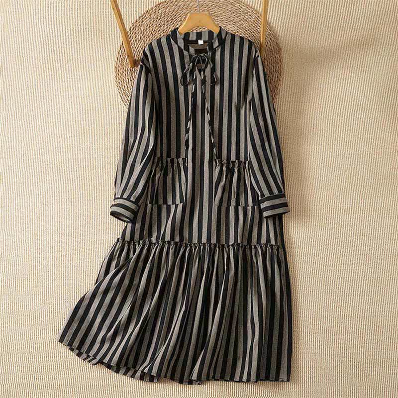 Buddha Stones Vestido de manga larga a rayas para mujer, estilo vintage, con cuello mandarín, cordón ajustable y bolsillos, ideal para otoño. - Gris oscuro - US12, UK/AU16, EU44 (2XL) - image 0