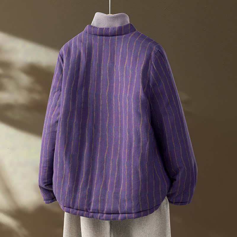 Buddha Stones Chaqueta de mujer de estilo casual de invierno con botones de rana, rayas moradas y bolsillos. - image 1