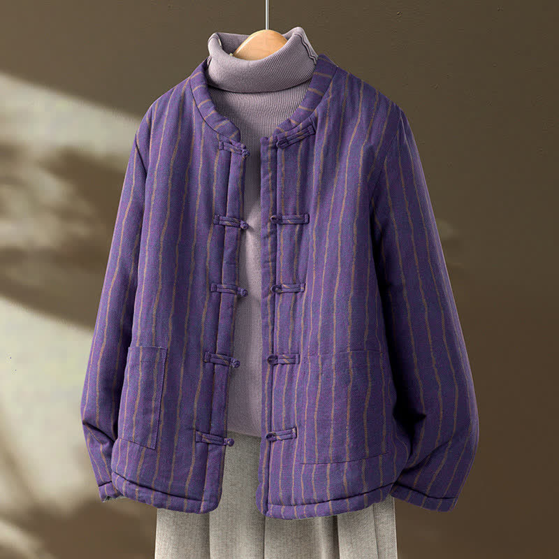 Buddha Stones Chaqueta de mujer de estilo casual de invierno con botones de rana, rayas moradas y bolsillos. - RebeccaPurple - US8-10, UK/AU12-14, EU40-42 (2XL) - image 0
