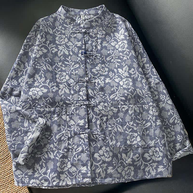 Buddha Stones Camisas de manga larga para mujer con bolsillos, estilo vintage Tang, con botones de rana y estampado floral. - image 1
