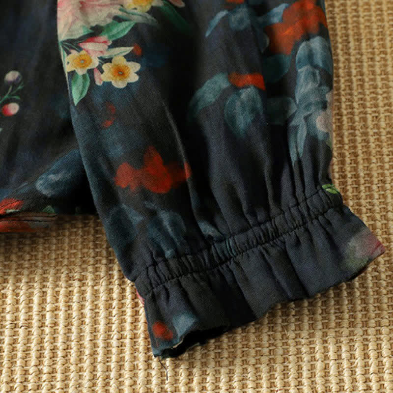 Buddha Stones Camisa de manga larga para mujer, elegante, vintage, estilo Tang, con botones, cuello mandarín y estampado floral. - image 2