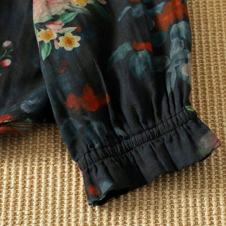 Buddha Stones Camisa de manga larga para mujer, elegante, vintage, estilo Tang, con botones, cuello mandarín y estampado floral. - image 2