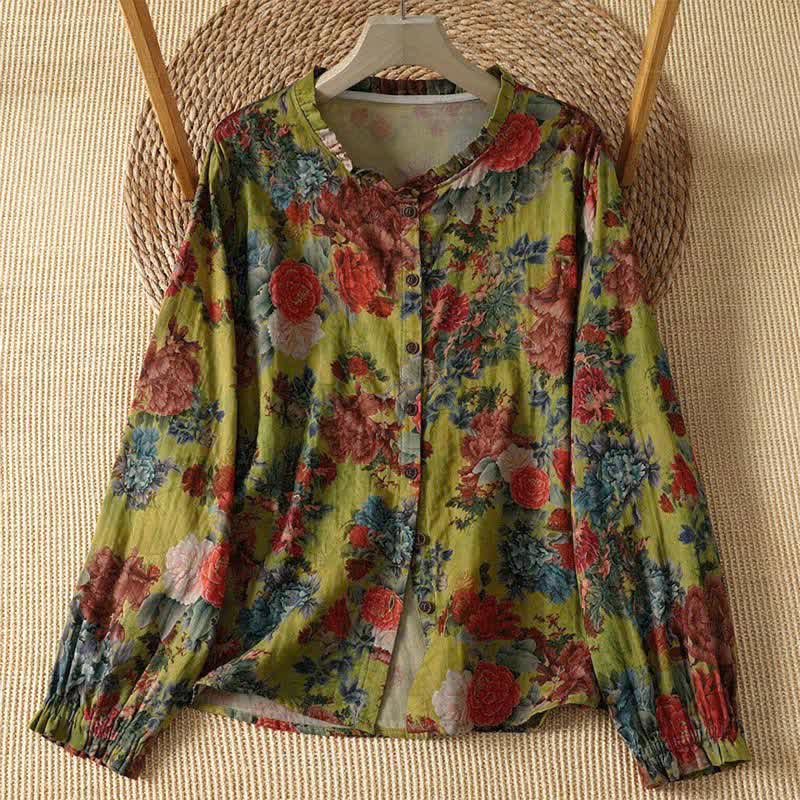 Buddha Stones Camisa de manga larga para mujer, elegante, vintage, estilo Tang, con botones, cuello mandarín y estampado floral. - Verde amarillento - US4-8/10, UK/AU8-12/14, EU36-40/42 (F) - image 5