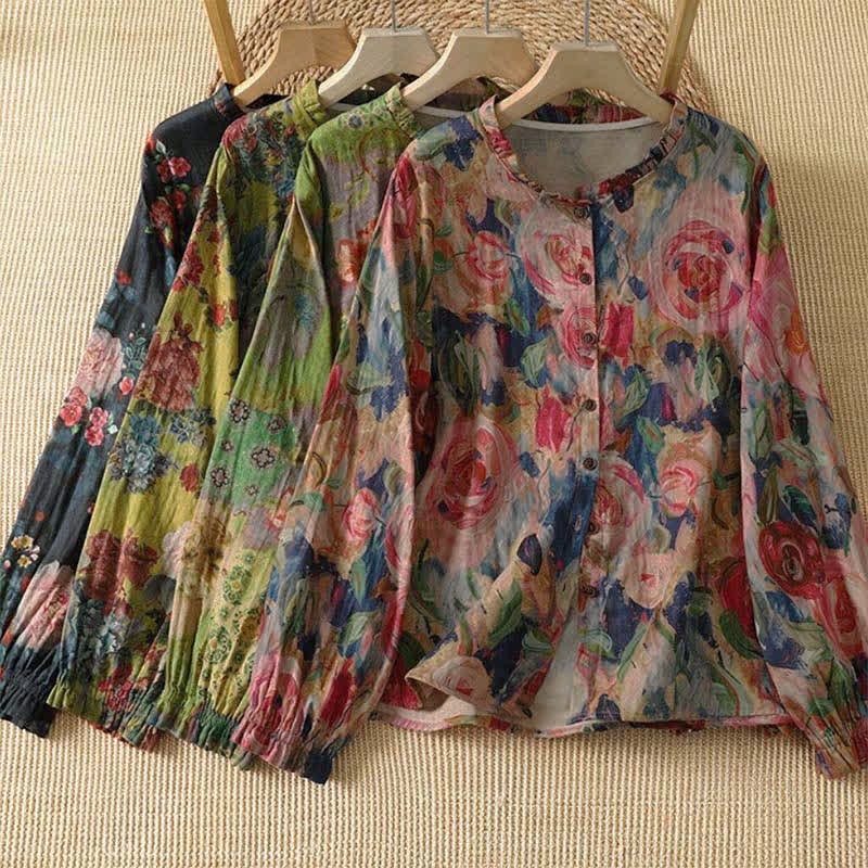 Buddha Stones Camisa de manga larga para mujer, elegante, vintage, estilo Tang, con botones, cuello mandarín y estampado floral. - image 9