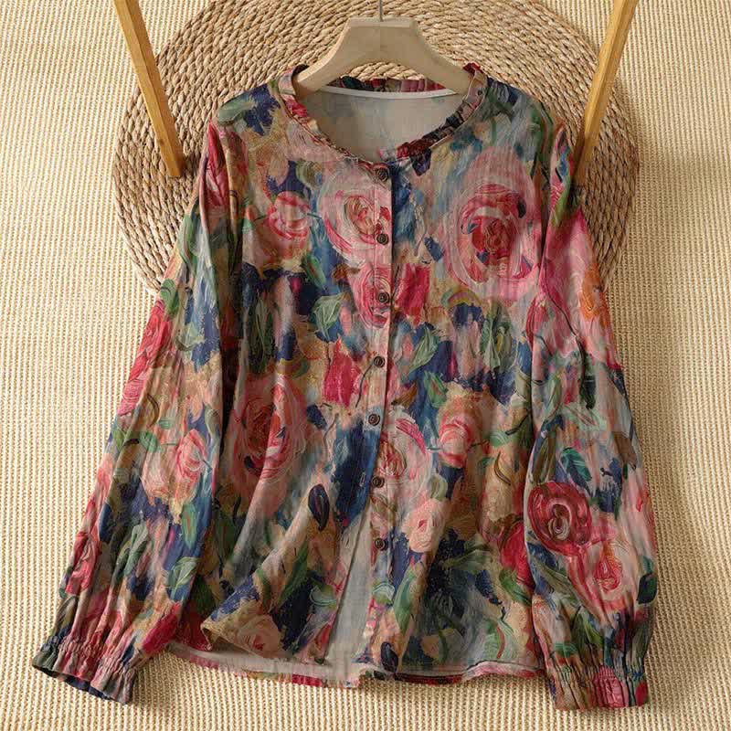 Buddha Stones Camisa de manga larga para mujer, elegante, vintage, estilo Tang, con botones, cuello mandarín y estampado floral. - Marrón rosado - US4-8/10, UK/AU8-12/14, EU36-40/42 (F) - image 6