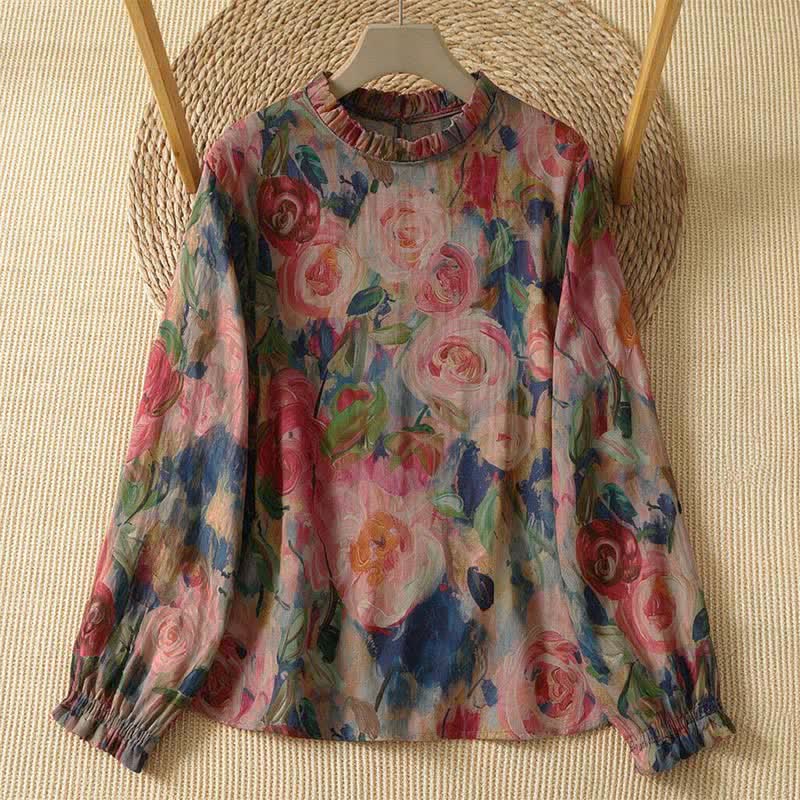 Buddha Stones Camisa de manga larga para mujer, elegante, vintage, estilo Tang, con botones, cuello mandarín y estampado floral. - image 7