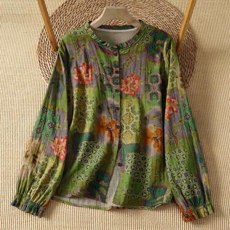Buddha Stones Camisa de manga larga para mujer, elegante, vintage, estilo Tang, con botones, cuello mandarín y estampado floral. - Verde oliva - US4-8/10, UK/AU8-12/14, EU36-40/42 (F) - image 8