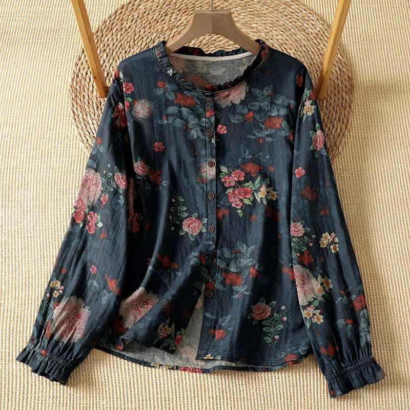 Buddha Stones Camisa de manga larga para mujer, elegante, vintage, estilo Tang, con botones, cuello mandarín y estampado floral. - Negro - US4-8/10, UK/AU8-12/14, EU36-40/42 (F) - image 0
