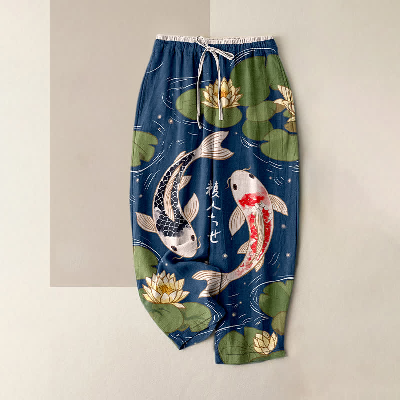 Buddha Stones Pantalones de mujer de algodón puro con estampado de loto koi japonés y cintura elástica con bolsillos. - Marina de guerra - US16，UK/AU20，EU48 (3XL) - image 0