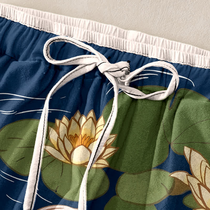 Buddha Stones Pantalones de mujer de algodón puro con estampado de loto koi japonés y cintura elástica con bolsillos. - image 1