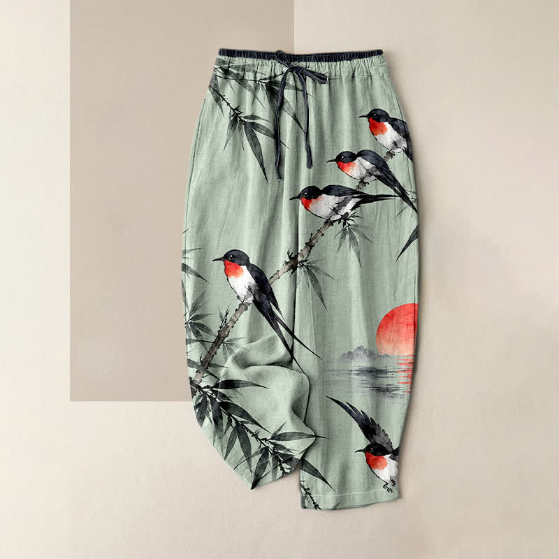 Buddha Stones Pantalones de mujer de algodón puro con estampado oriental de pájaros y bambú, cintura elástica y bolsillos. - Aguamarina - US16，UK/AU20，EU48 (3XL) - image 0