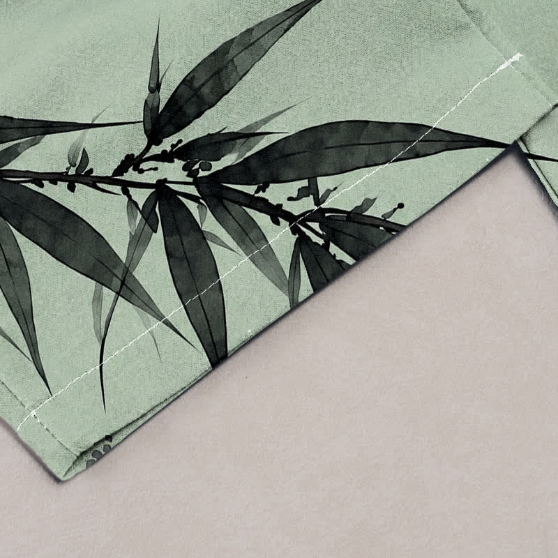 Buddha Stones Pantalones de mujer de algodón puro con estampado oriental de pájaros y bambú, cintura elástica y bolsillos. - image 1