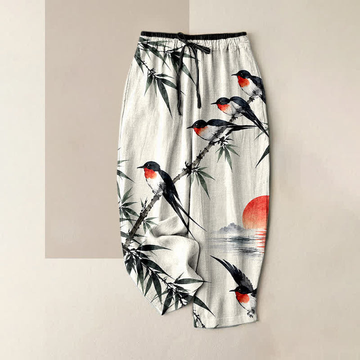 Buddha Stones Pantalones de mujer de algodón puro con estampado oriental de pájaros y bambú, cintura elástica y bolsillos. - Marfil - US16，UK/AU20，EU48 (3XL) - image 3