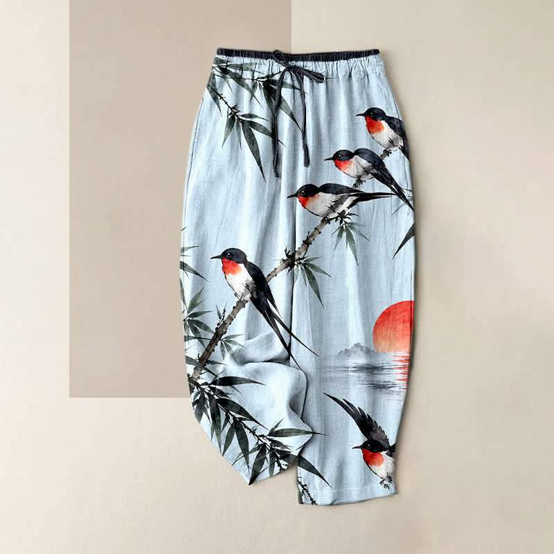 Buddha Stones Pantalones de mujer de algodón puro con estampado oriental de pájaros y bambú, cintura elástica y bolsillos. - Cian claro - US16，UK/AU20，EU48 (3XL) - image 4
