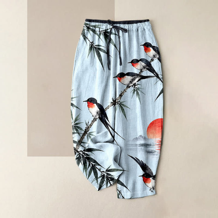 Buddha Stones Pantalones de mujer de algodón puro con estampado oriental de pájaros y bambú, cintura elástica y bolsillos. - Cian claro - US16，UK/AU20，EU48 (3XL) - image 4