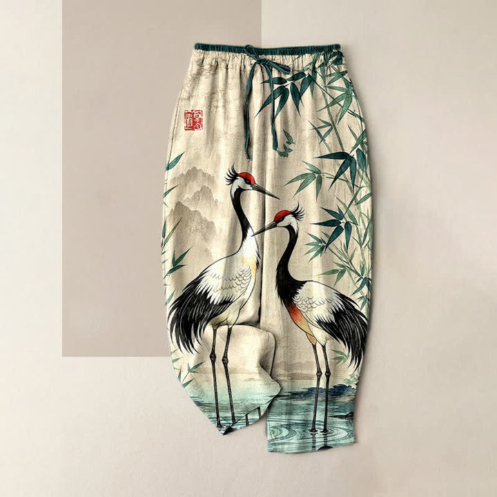 Buddha Stones Pantalones de mujer de algodón puro con estampado de grullas orientales y bambú, cintura elástica y bolsillos. - Beige - US16，UK/AU20，EU48 (3XL) - image 0