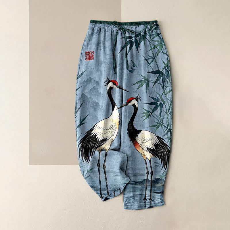 Buddha Stones Pantalones de mujer de algodón puro con estampado de grullas orientales y bambú, cintura elástica y bolsillos. - Azul claro - US16，UK/AU20，EU48 (3XL) - image 3