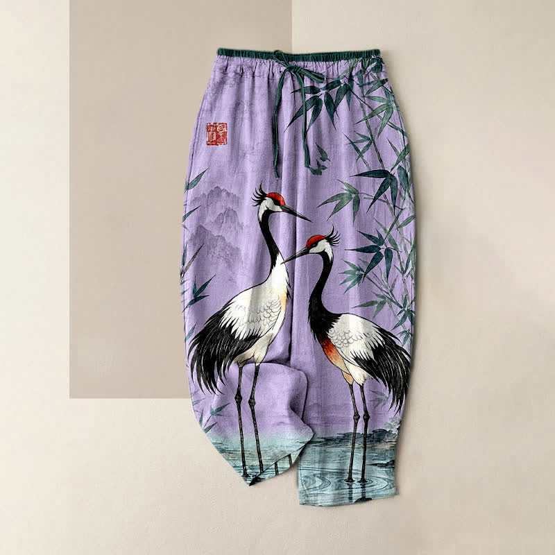 Buddha Stones Pantalones de mujer de algodón puro con estampado de grullas orientales y bambú, cintura elástica y bolsillos. - Morado medio - US16，UK/AU20，EU48 (3XL) - image 4
