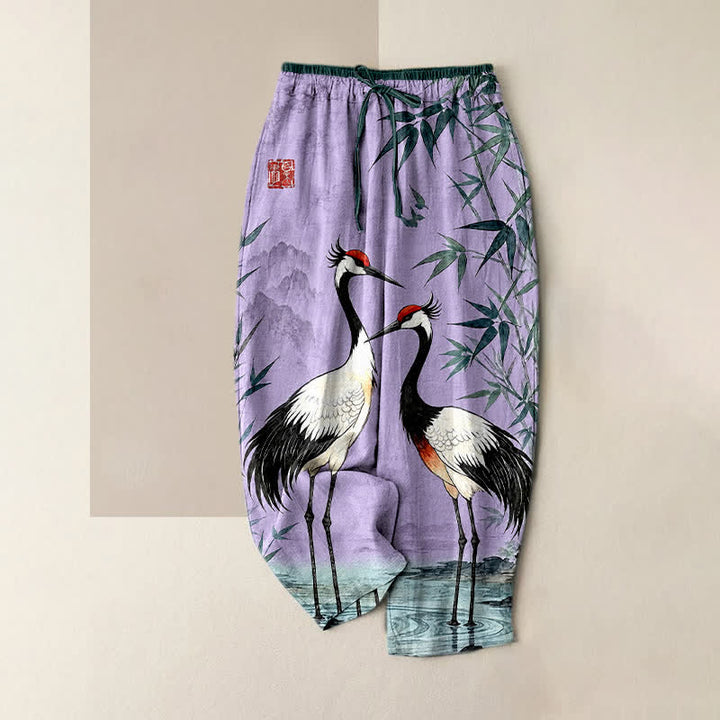 Buddha Stones Pantalones de mujer de algodón puro con estampado de grullas orientales y bambú, cintura elástica y bolsillos. - Morado medio - US16，UK/AU20，EU48 (3XL) - image 4