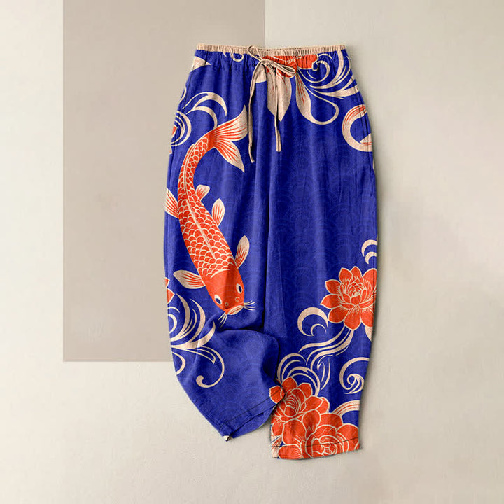 Buddha Stones Pantalones de mujer de algodón puro con estampado artístico de olas de carpas koi y cintura elástica con bolsillos. - Azul medio - US16，UK/AU20，EU48 (3XL) - image 0