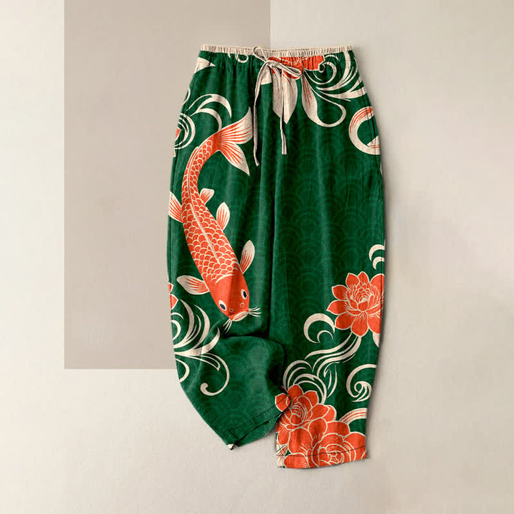 Buddha Stones Pantalones de mujer de algodón puro con estampado artístico de olas de carpas koi y cintura elástica con bolsillos. - Verdemar - US16，UK/AU20，EU48 (3XL) - image 4