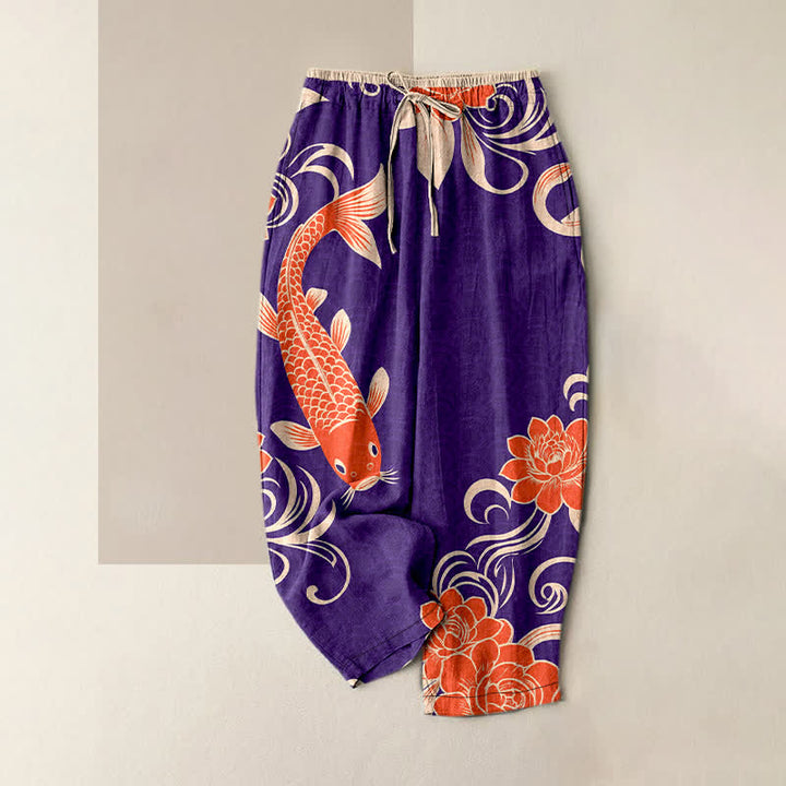 Buddha Stones Pantalones de mujer de algodón puro con estampado artístico de olas de carpas koi y cintura elástica con bolsillos. - Índigo - US16，UK/AU20，EU48 (3XL) - image 5