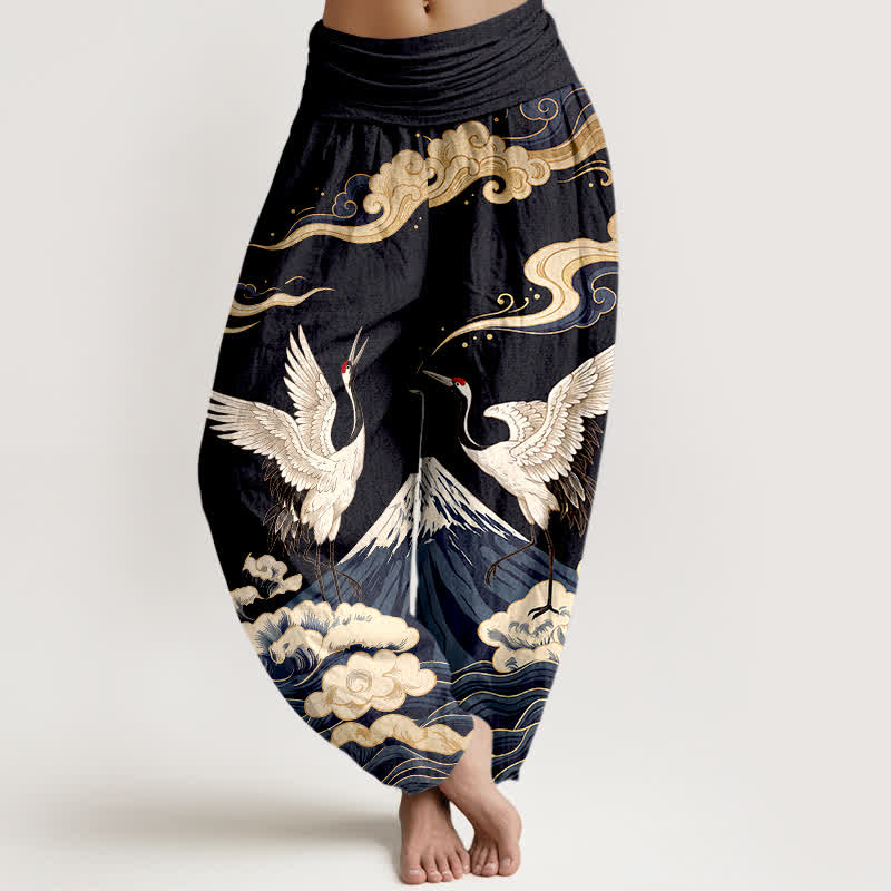 Buddha Stones Pantalones harem de mujer con cintura elástica y estampado de grullas, montañas y nubes, de algodón. - Negro - US16，UK/AU20，EU48 (3XL) - image 0