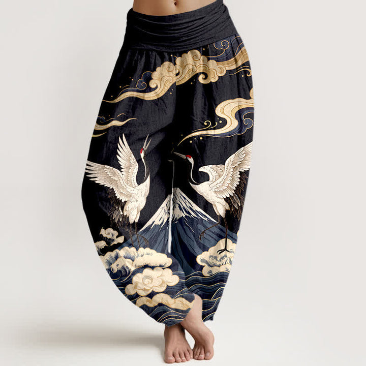 Buddha Stones Pantalones harem de mujer con cintura elástica y estampado de grullas, montañas y nubes, de algodón. - Negro - US16，UK/AU20，EU48 (3XL) - image 0