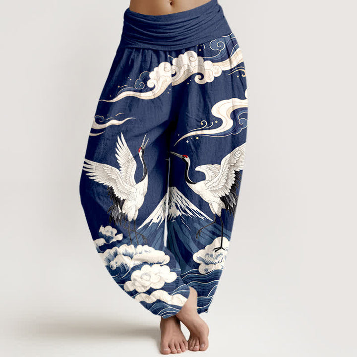 Buddha Stones Pantalones harem de mujer con cintura elástica y estampado de grullas, montañas y nubes, de algodón. - Marina de guerra - US16，UK/AU20，EU48 (3XL) - image 5
