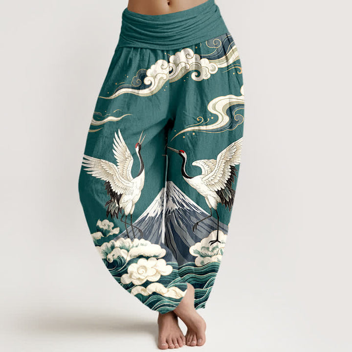 Buddha Stones Pantalones harem de mujer con cintura elástica y estampado de grullas, montañas y nubes, de algodón. - Verde azulado - US16，UK/AU20，EU48 (3XL) - image 8