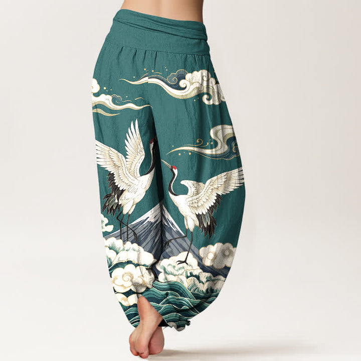 Buddha Stones Pantalones harem de mujer con cintura elástica y estampado de grullas, montañas y nubes, de algodón. - image 10