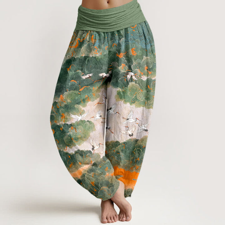 Buddha Stones Pantalones harem de mujer con cintura elástica y estampado de grullas y nubes de algodón. - Verde claro - US16，UK/AU20，EU48 (3XL) - image 0