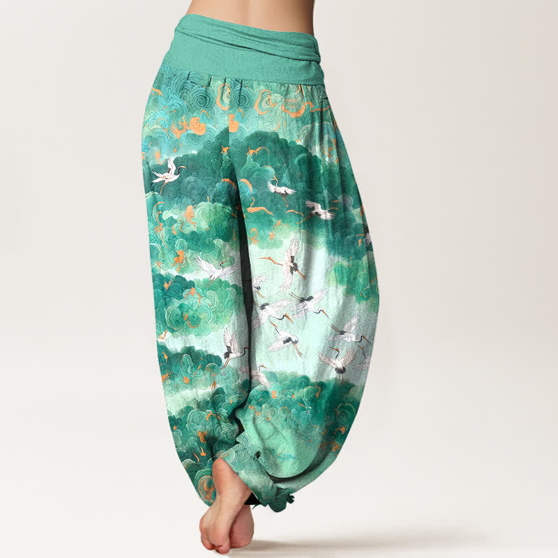Buddha Stones Pantalones harem de mujer con cintura elástica y estampado de grullas y nubes de algodón. - image 7