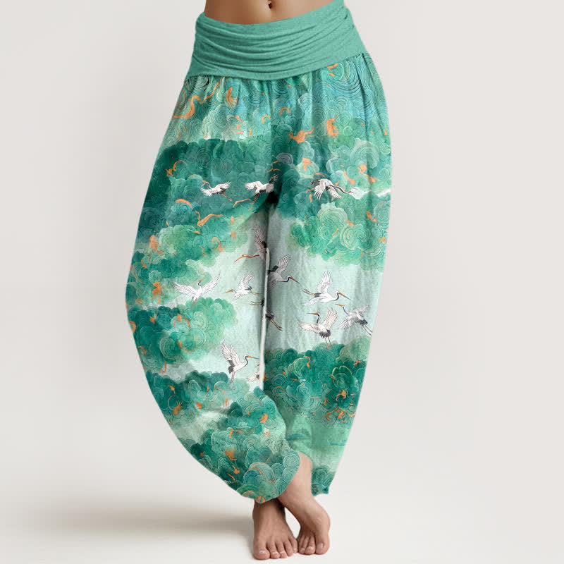 Buddha Stones Pantalones harem de mujer con cintura elástica y estampado de grullas y nubes de algodón. - Aguamarina - US16，UK/AU20，EU48 (3XL) - image 5