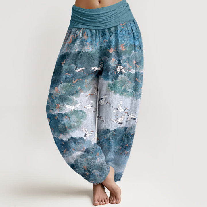 Buddha Stones Pantalones harem de mujer con cintura elástica y estampado de grullas y nubes de algodón. - Azul acero - US16，UK/AU20，EU48 (3XL) - image 8