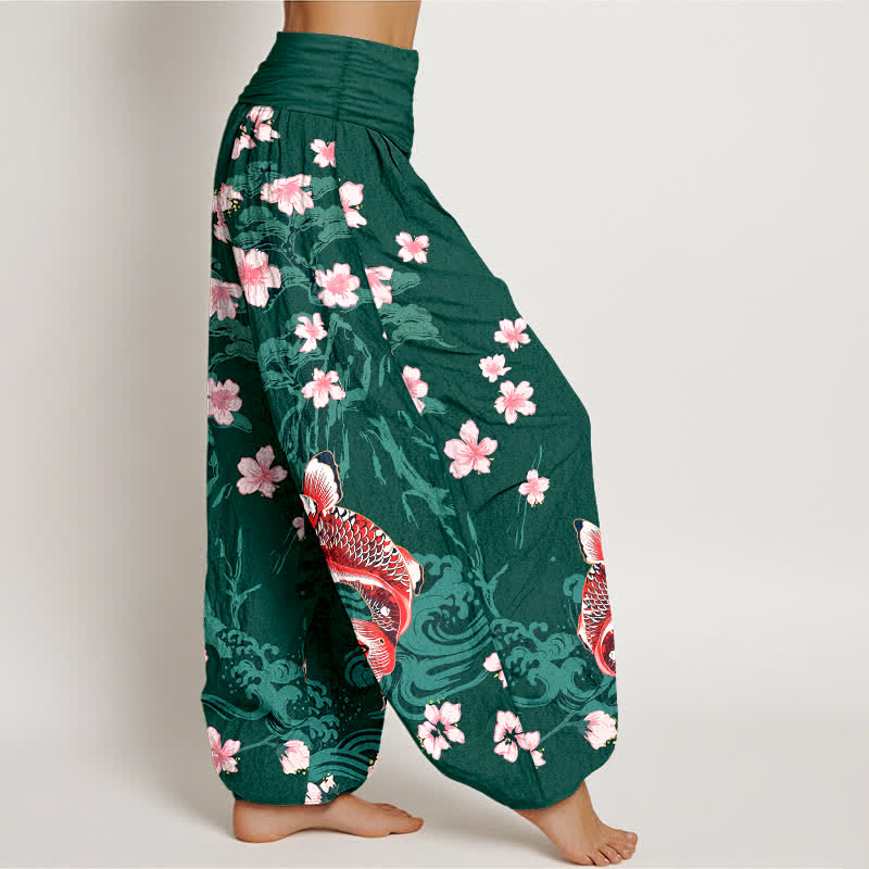 Buddha Stones Pantalones harem de algodón con estampado de carpas koi y flores de cerezo para mujer, con cintura elástica. - image 1