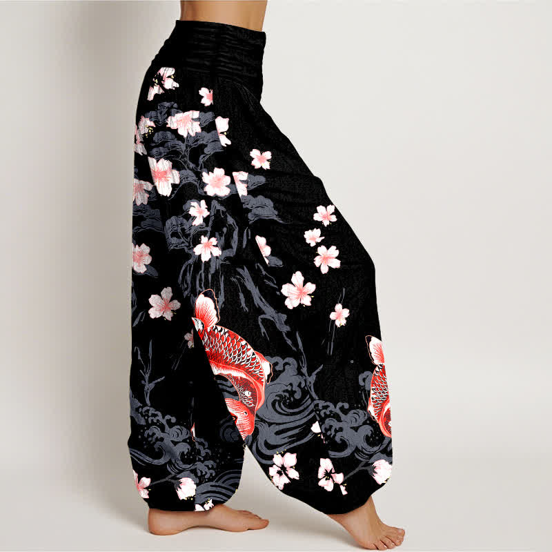 Buddha Stones Pantalones harem de algodón con estampado de carpas koi y flores de cerezo para mujer, con cintura elástica. - image 6