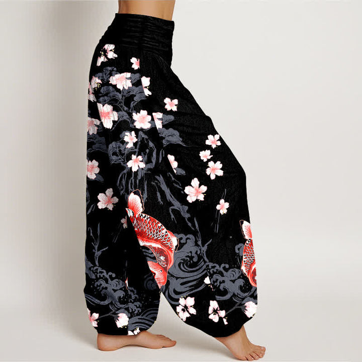Buddha Stones Pantalones harem de algodón con estampado de carpas koi y flores de cerezo para mujer, con cintura elástica. - image 6