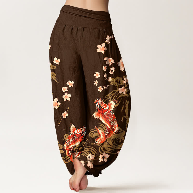 Buddha Stones Pantalones harem de algodón con estampado de carpas koi y flores de cerezo para mujer, con cintura elástica. - image 10