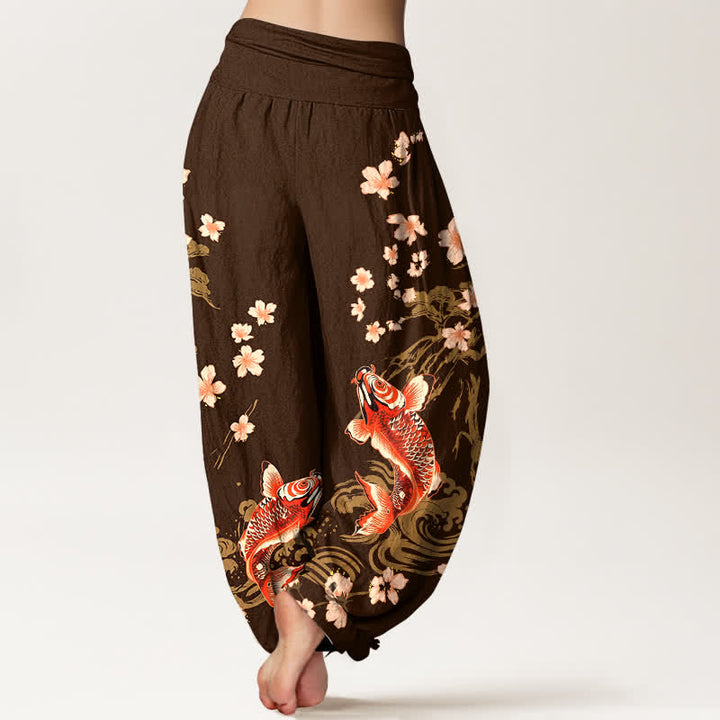 Buddha Stones Pantalones harem de algodón con estampado de carpas koi y flores de cerezo para mujer, con cintura elástica. - image 10