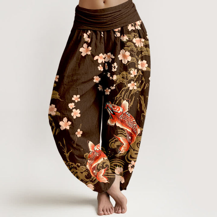 Buddha Stones Pantalones harem de algodón con estampado de carpas koi y flores de cerezo para mujer, con cintura elástica. - Marrón silla de montar - US16，UK/AU20，EU48 (3XL) - image 8