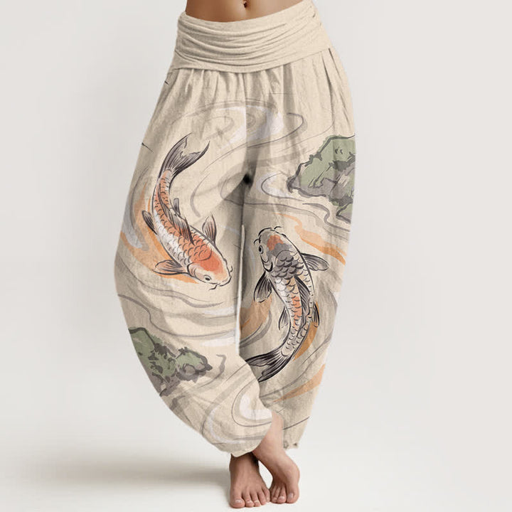 Buddha Stones Pantalones harem de algodón con estampado de olas y peces koi para mujer, con cintura elástica. - Blanco antiguo - US16，UK/AU20，EU48 (3XL) - image 5