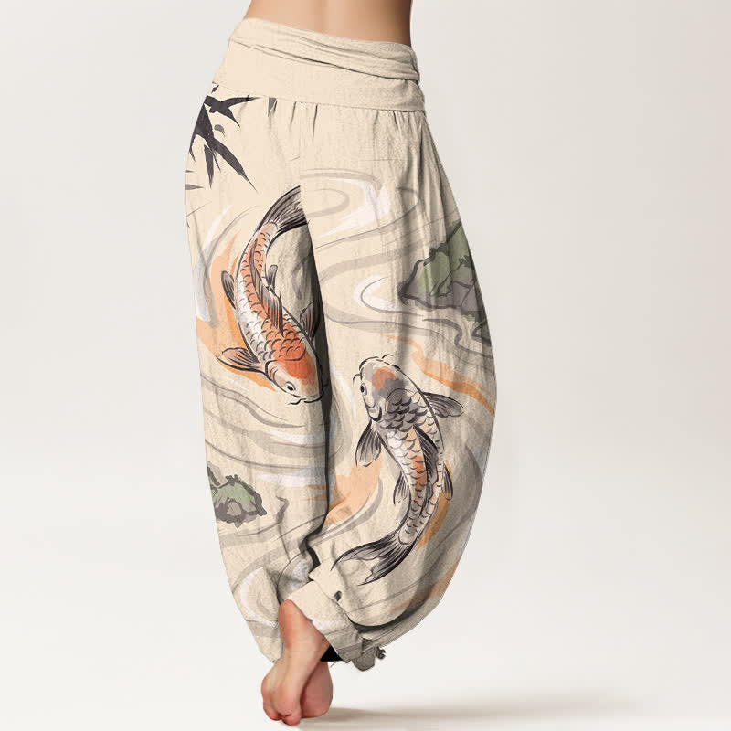 Buddha Stones Pantalones harem de algodón con estampado de olas y peces koi para mujer, con cintura elástica. - image 7
