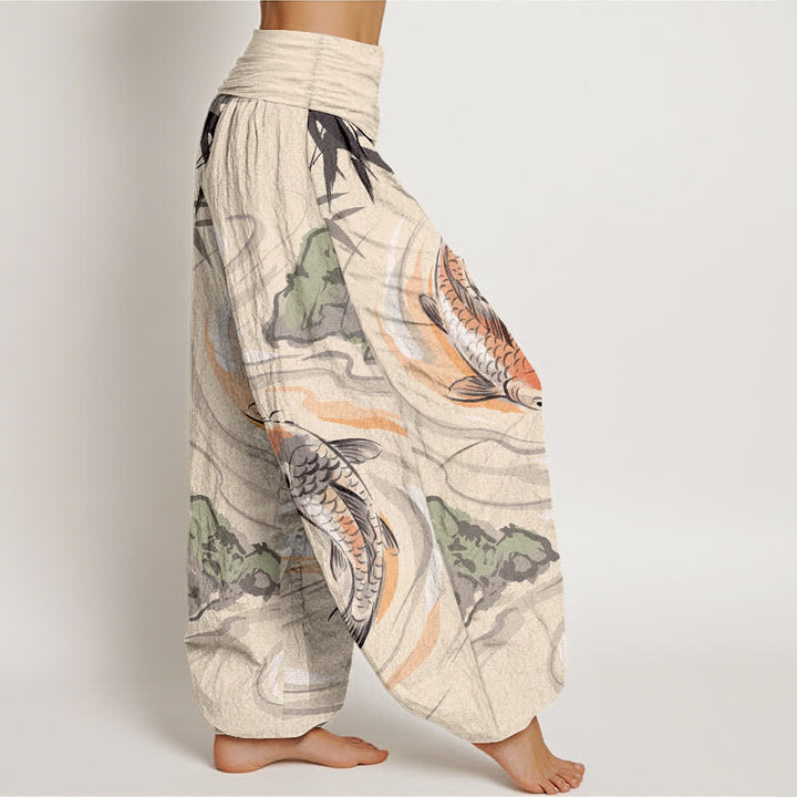 Buddha Stones Pantalones harem de algodón con estampado de olas y peces koi para mujer, con cintura elástica. - image 6