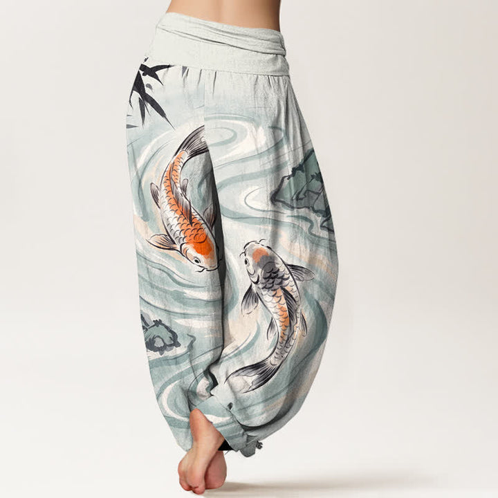 Buddha Stones Pantalones harem de algodón con estampado de olas y peces koi para mujer, con cintura elástica. - image 10